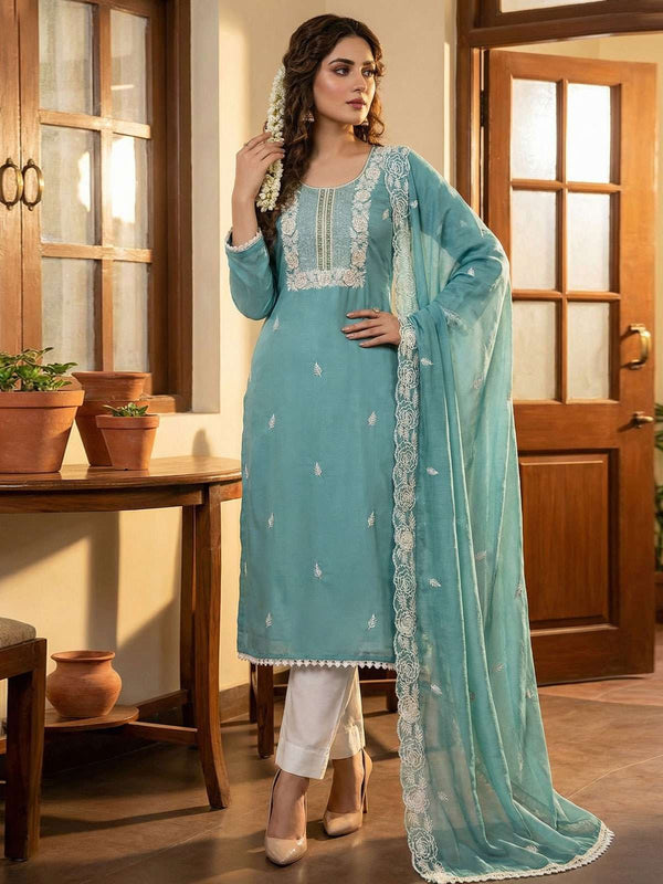 Firozi Cotton Hand Work Kurta Set With dupatta