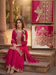 Rani Pink Tora Silk Embroidered Festive Palazzo Style Dress