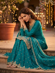 Peacock Blue Tora Silk Embroidered Festive Palazzo Style Dress