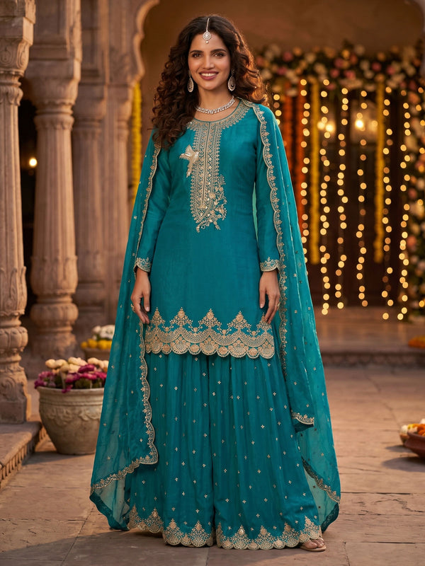 Peacock Blue Tora Silk Embroidered Festive Palazzo Style Dress