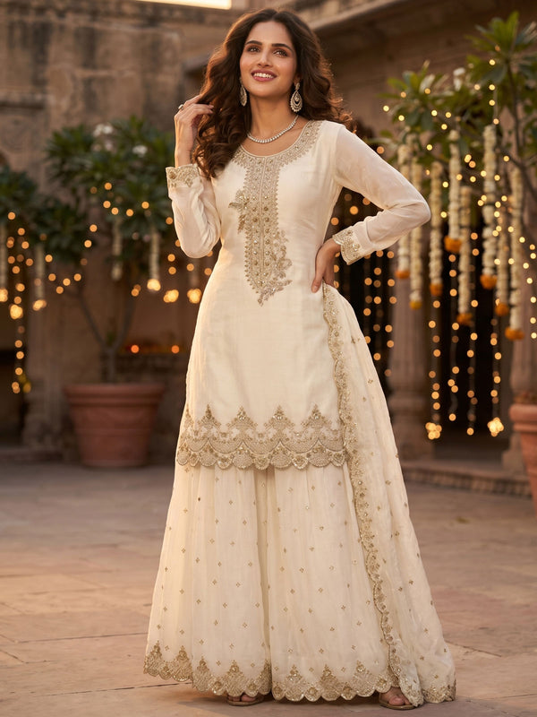Off White Tora Silk Embroidered Festive Palazzo Style Dress