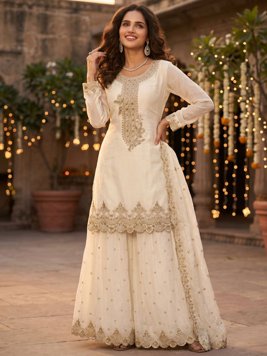 Off White Tora Silk Embroidered Festive Palazzo Style Dress