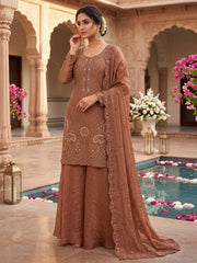 Peach Embroidered Designer Palazzo Style Dress