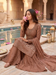 Peach Embroidered Designer Palazzo Style Dress