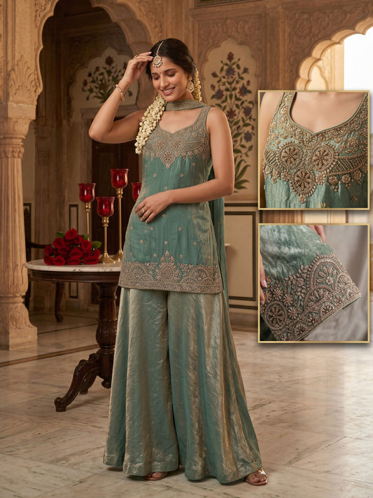 Mint Green Handwork and Embroidered Indo Western Palazzo Dress