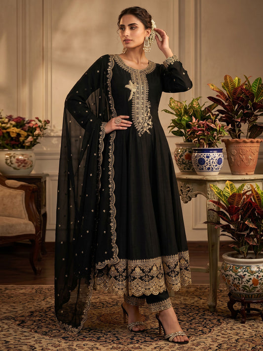 Black Premium Silk Embroidered Anarkali Style Dress
