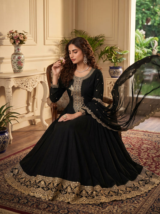 Black Premium Silk Embroidered Anarkali Style Dress