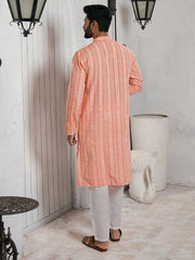 Striped Mandarin Collar Cotton Jacquard Straight Kurta