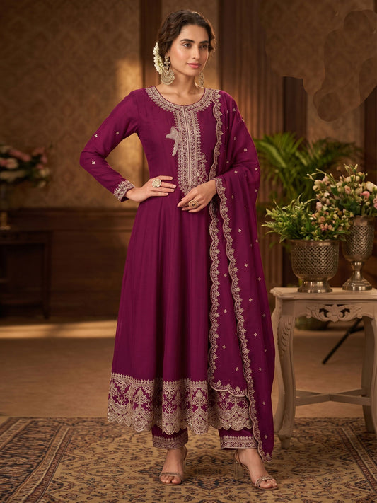 Purple Premium Silk Embroidered Anarkali Style Dress