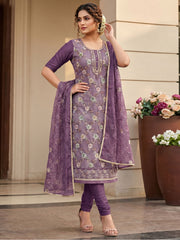 Purple Organza Hand Work Stright Kurta Set