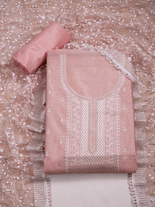 Peach-Coloured Floral Embroidered Sequinned Unstitched Dress Material
