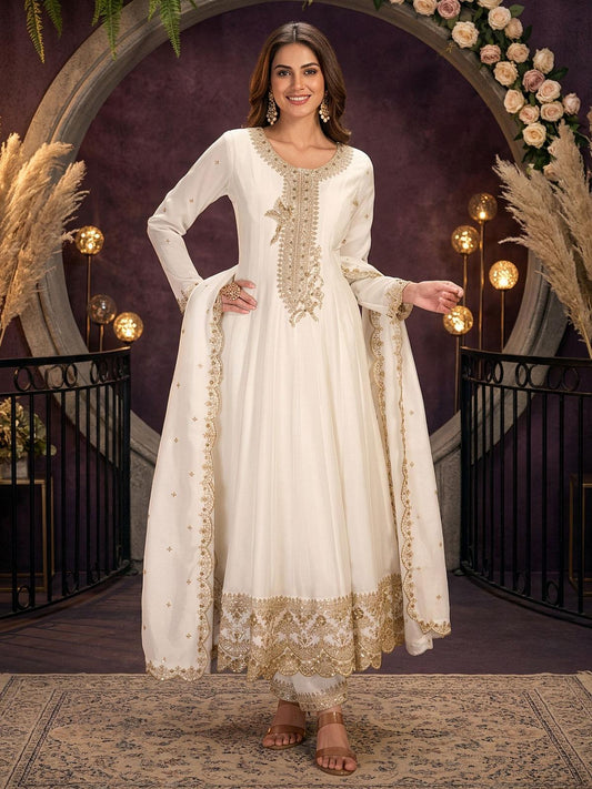 Off White Premium Silk Partywear Anarkali Kurta Set
