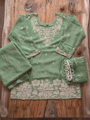 Sea Green Premium Chinon Beads Work Plazzo Suit
