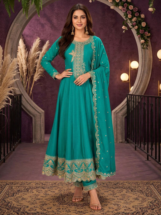 Firozi Premium Silk Partywear Anarkali Kurta Set