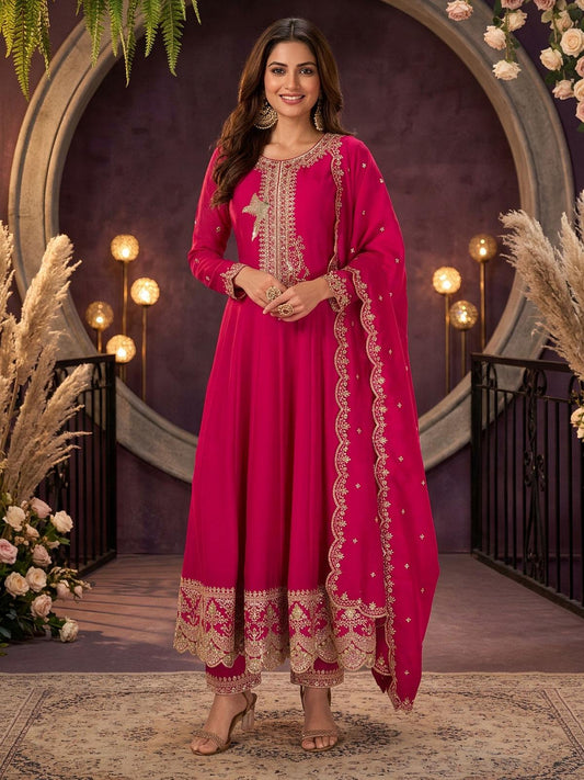 Cherry Red Premium Silk Partywear Anarkali Kurta Set