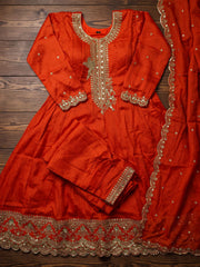 Orange Premium Silk Partywear Anarkali Kurta Set