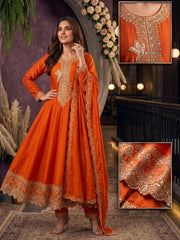 Orange Premium Silk Partywear Anarkali Kurta Set