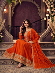 Orange Premium Silk Partywear Anarkali Kurta Set
