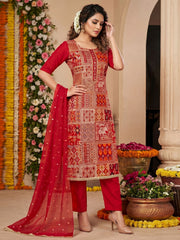 Red Viscos Banarasi Kurta Set