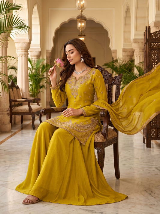 Lemon Yellow Beads Embroidered Palaazo Dress