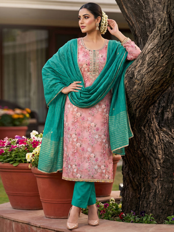 Pink Banarasi Cotton Digital Print Kurta Set
