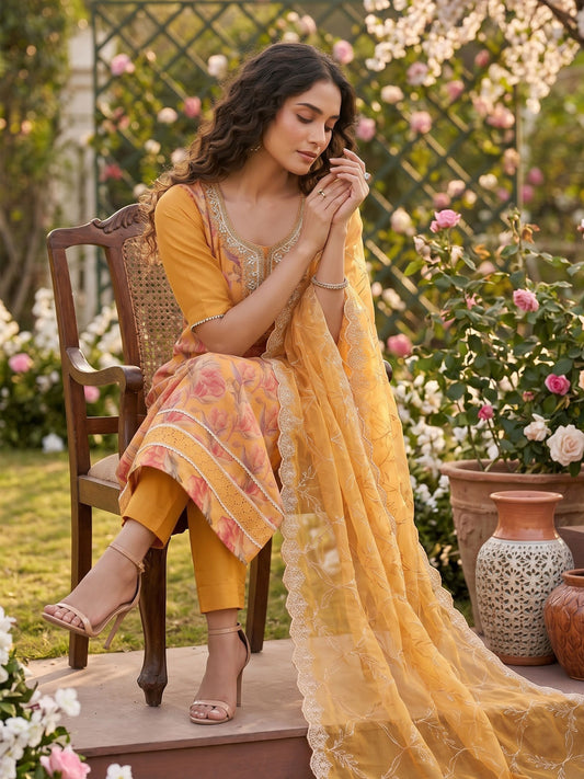 Orange Organza Material Festive Pant Style Dress