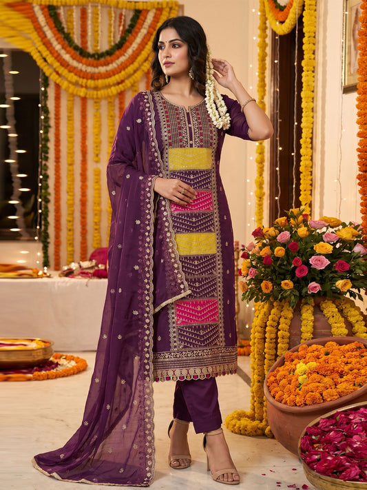 Purple Cotton Silk Embroidered Kurta Set