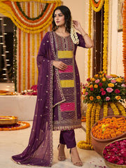 Purple Cotton Silk Embroidered Kurta Set