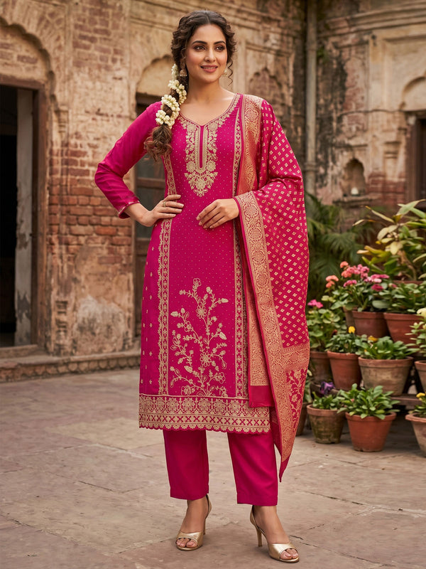 Magenta Pink Cotton Embroidered Hand Work Kurta Set