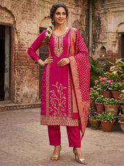 Magenta Pink Cotton Embroidered Hand Work Kurta Set