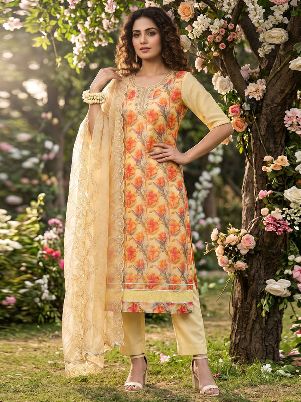 Yellow Organza Material Festive Pant Style Dress