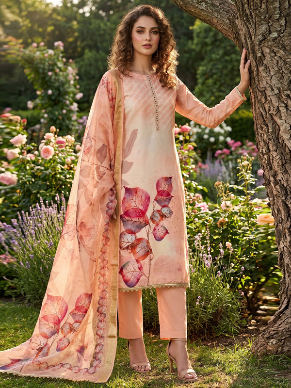 Peach Cotton Material Festive Pant Style Dress