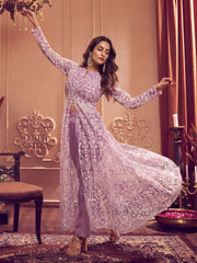 Floral Embroidered Keyhole Neck Long Sleeve High Slit Thread Work Kurta Set