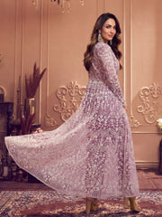 Floral Embroidered Keyhole Neck Long Sleeve High Slit Thread Work Kurta Set