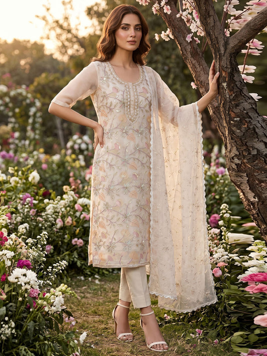 Cream Organza Handwork Festive Pant Style Dress
