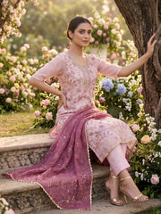 Pink Organza Handwork Festive Pant Style Dress