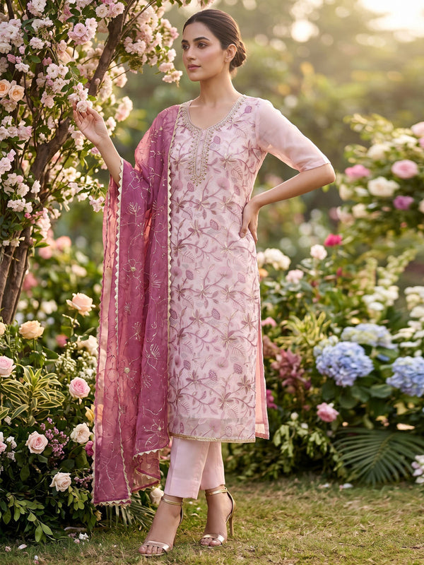 Pink Organza Handwork Festive Pant Style Dress