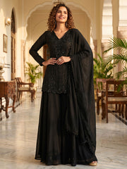 Black Premium Chinnon with Beads Wedding Sharara Suit