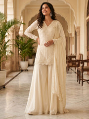 Cream Premium Chinnon with Beads Wedding Sharara Suit