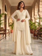 Cream Premium Chinnon with Beads Wedding Sharara Suit