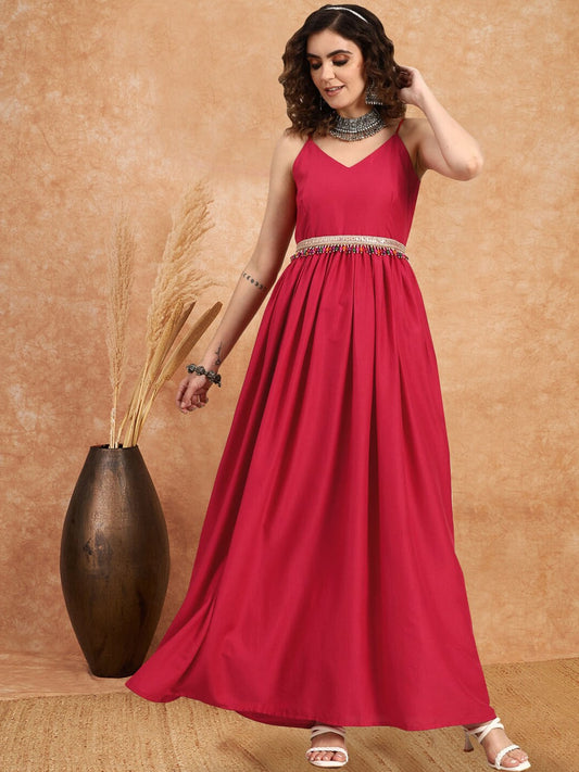 Magenta V-Neck Fit & Flared Maxi Ethnic Dress With Embellished Belt