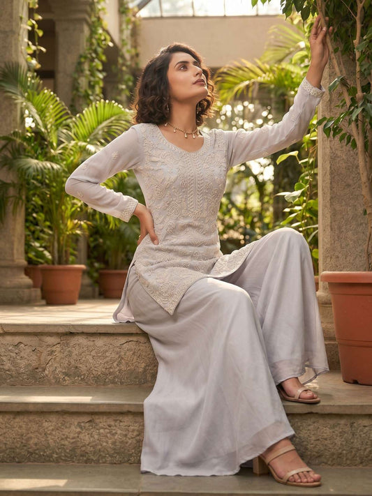 Grey Premium Chino Hand Work Palazzo Suit