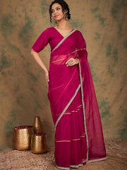 Pink Striped Embroidered Detailed Organza Saree