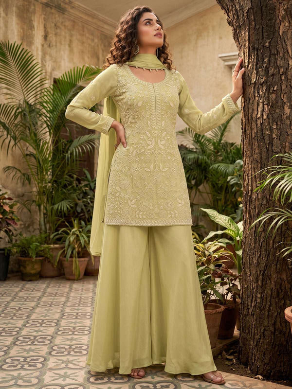 Green Premium Chinon Hand Work Palazzo Suit