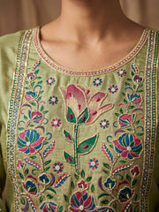 Green Pure Banarasi Cottan Hand Work Kurta Set
