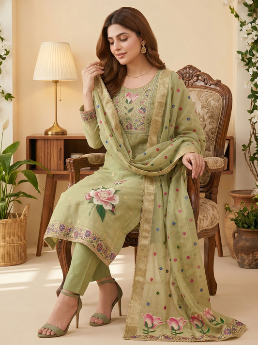 Green Pure Banarasi Cottan Hand Work Kurta Set