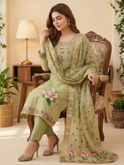 Green Pure Banarasi Cottan Hand Work Kurta Set