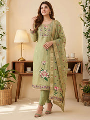 Green Pure Banarasi Cottan Hand Work Kurta Set
