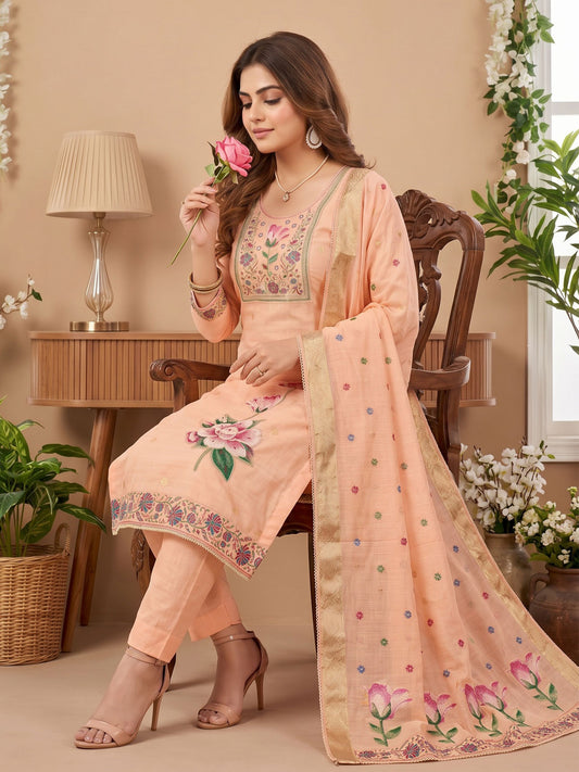 Peach Pure Banarasi Cottan Hand Work Kurta Set
