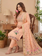 Peach Pure Banarasi Cottan Hand Work Kurta Set